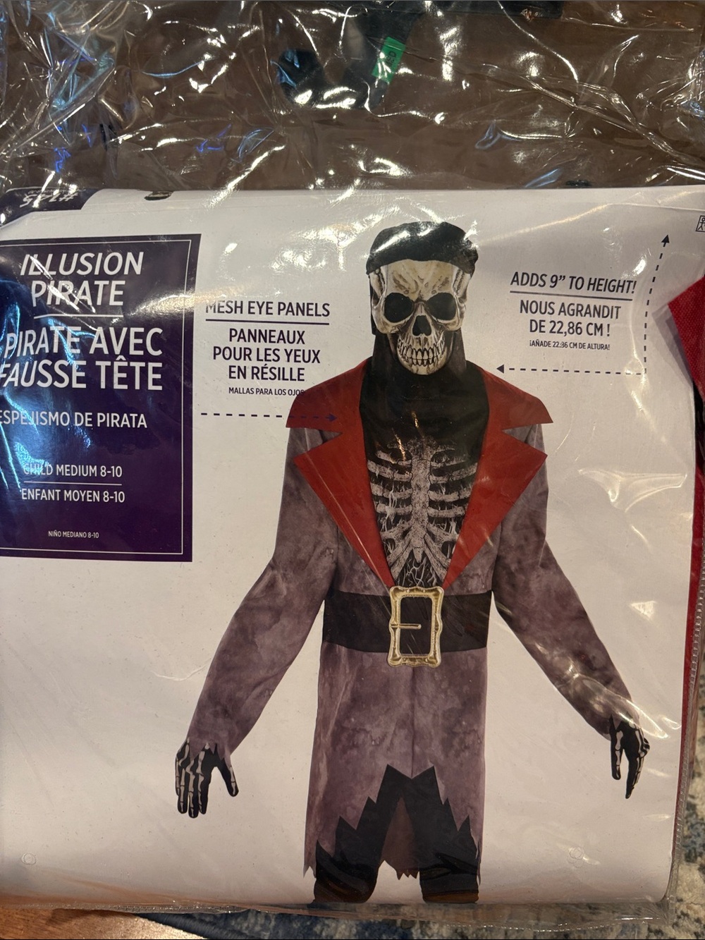 Kids Medium 8-10 Skeleton Pirate Costume in Grey and Red with sword